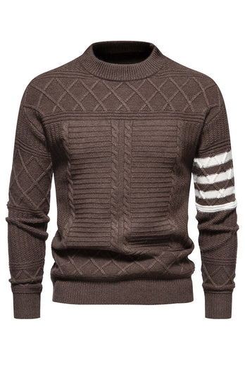 White Men's Round Neck Cable Pullover Sweater