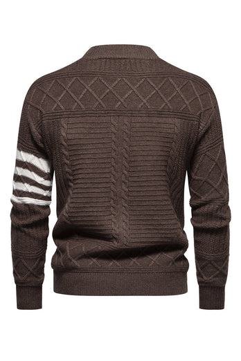 White Men's Round Neck Cable Pullover Sweater