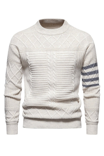 White Men's Round Neck Cable Pullover Sweater