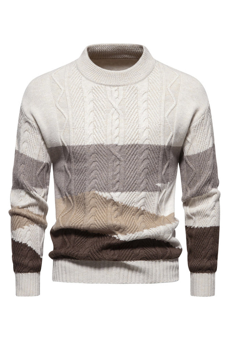 Load image into Gallery viewer, Men&#39;s White Round Neck Colorblock Cable Pullover Sweater