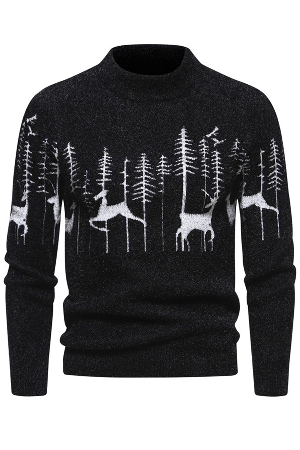 Men's Black Slim-fit Crew Neck Christmas Deer Print Sweater