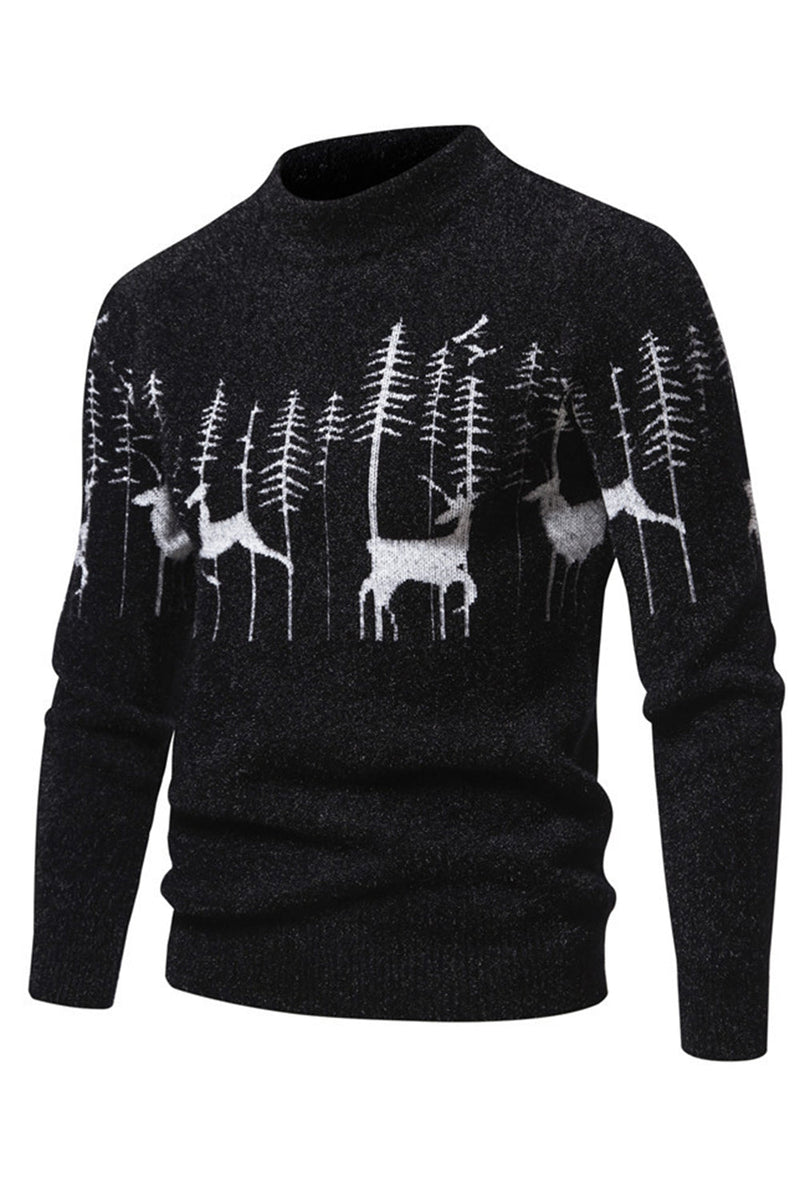 Load image into Gallery viewer, Men&#39;s Black Slim-fit Crew Neck Christmas Deer Print Sweater