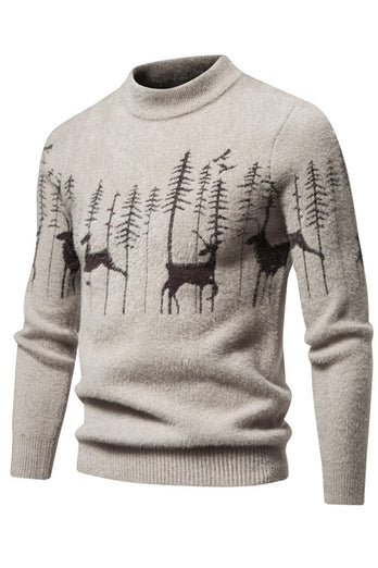 Men's Black Slim-fit Crew Neck Christmas Deer Print Sweater