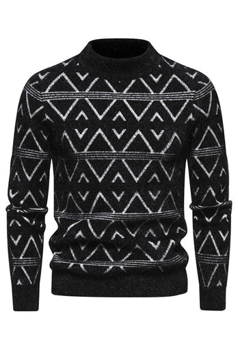 White Men's Round Neck Striped Print Pullover Sweater