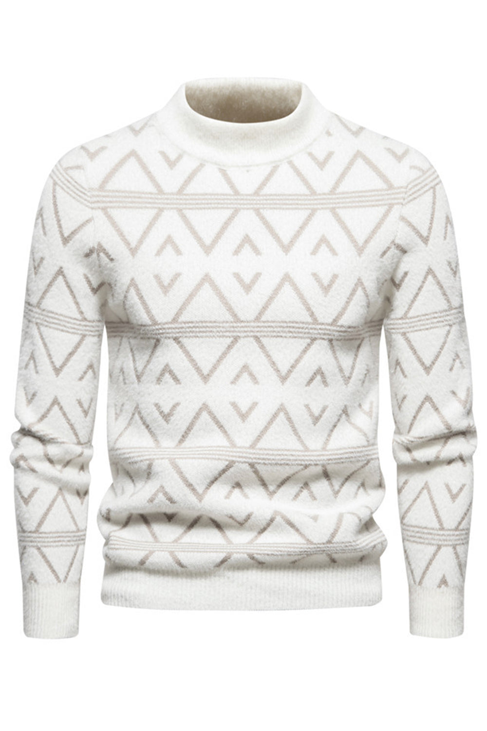 White Men's Round Neck Striped Print Pullover Sweater