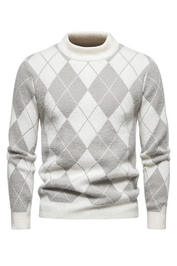 Light Khaki Men's Round Neck Knit Printed Sweater