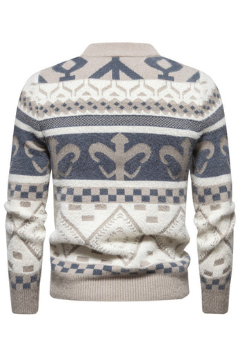 Men's Slim Fit Khaki Pullover Printed Knitted Sweater