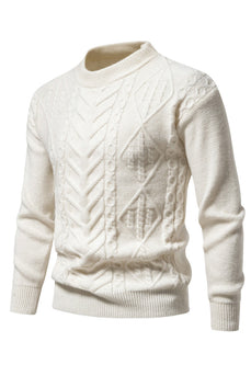 White Jacquard Round Neck Men's Knit Sweater