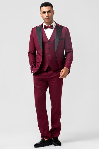 Burgundy Peak Lapel 3 Pieces One Button Men's Prom Suits