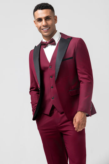 Burgundy Peak Lapel 3 Pieces One Button Men's Prom Suits