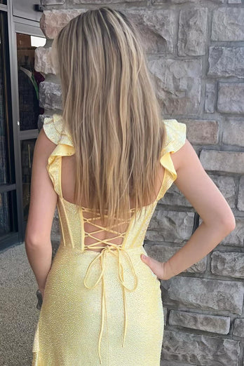 Yellow Corset Mermaid Spaghetti Straps Ruffles Prom Dress with Slit