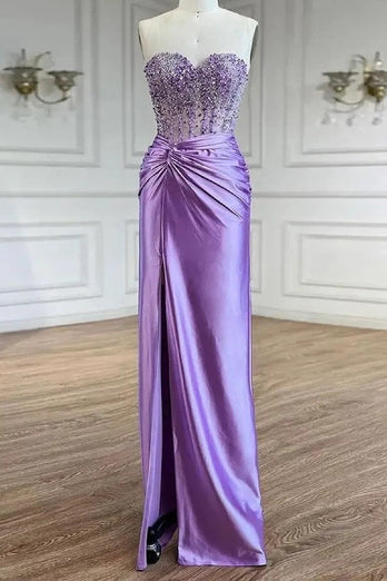 Sparkly Beaded Purple Corset Mermaid Strapless Prom Dress with Slit