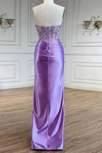 Sparkly Beaded Purple Corset Mermaid Strapless Prom Dress with Slit