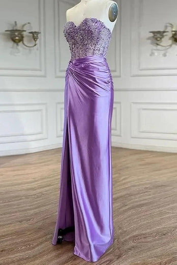 Sparkly Beaded Purple Corset Mermaid Strapless Prom Dress with Slit