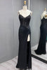 Load image into Gallery viewer, Black Lace Appliques Ruched Mermaid Spaghetti Straps Prom Dress with Slit