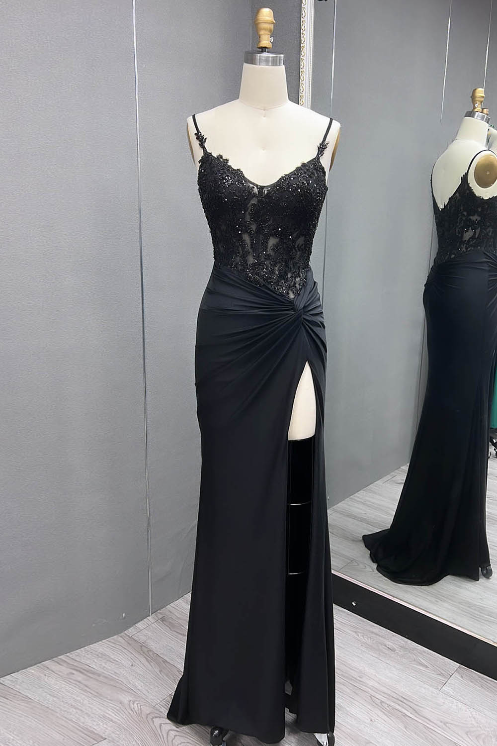 Black Lace Appliques Ruched Mermaid Spaghetti Straps Prom Dress with Slit