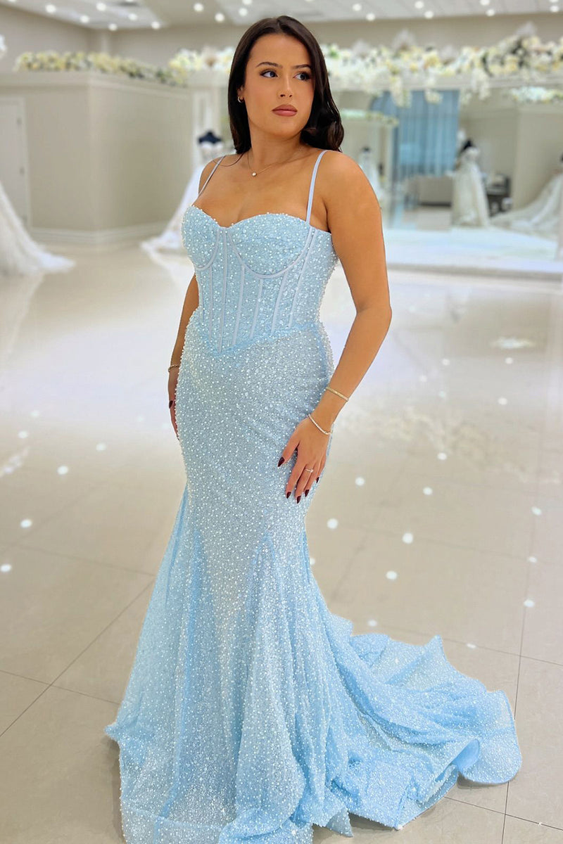 Load image into Gallery viewer, Sky Blue Beaded Mermaid Spaghetti Straps Long Prom Dress