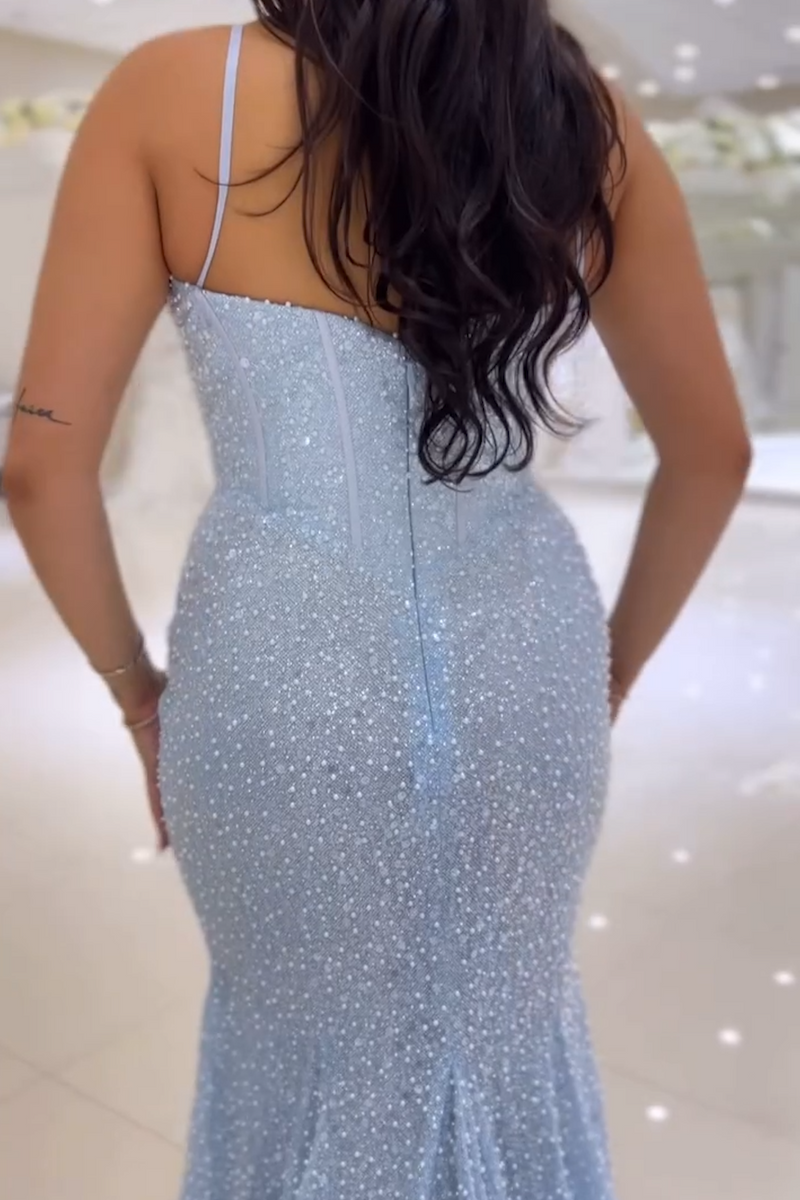 Load image into Gallery viewer, Sky Blue Beaded Mermaid Spaghetti Straps Long Prom Dress