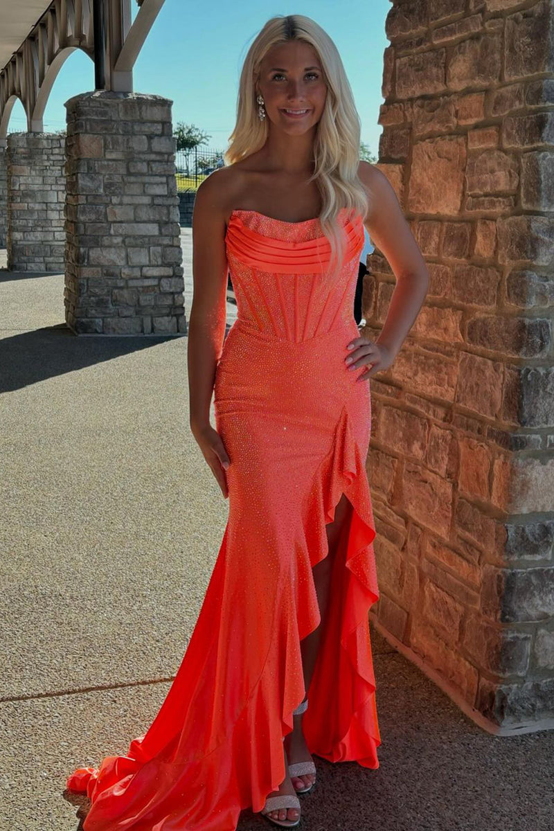 Load image into Gallery viewer, Strapless Mermaid Orange Corset Beaded Ruffles Prom Dress