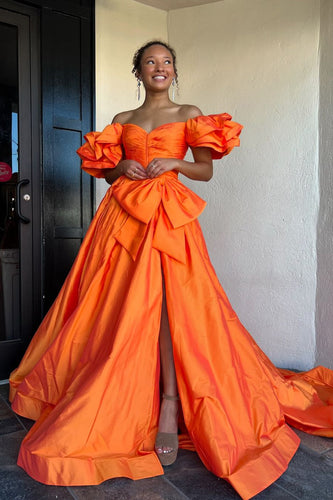 A Line Orange Bow Knot Long Prom Dress with Slit