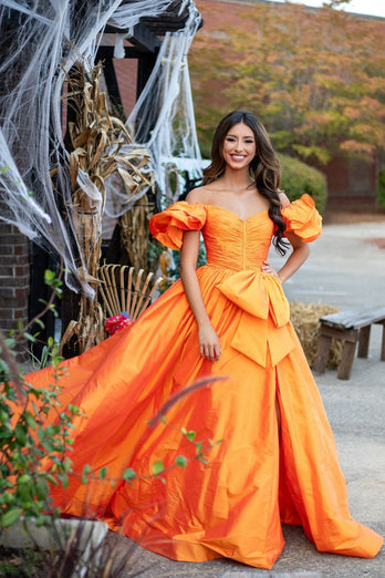 A Line Orange Bow Knot Long Prom Dress with Slit