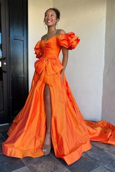 A Line Orange Bow Knot Long Prom Dress with Slit