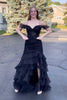 Load image into Gallery viewer, A Line Black Appliques Tiered Prom Dress with Slit