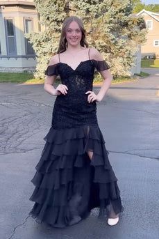 A Line Black Appliques Tiered Prom Dress with Slit