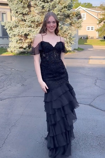 A Line Black Appliques Tiered Prom Dress with Slit