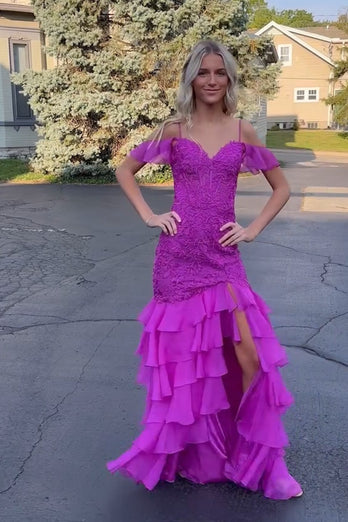 A Line Black Appliques Tiered Prom Dress with Slit