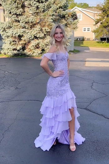 A Line Black Appliques Tiered Prom Dress with Slit