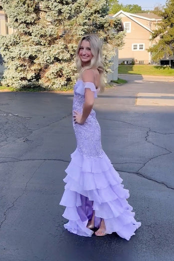 A Line Black Appliques Tiered Prom Dress with Slit