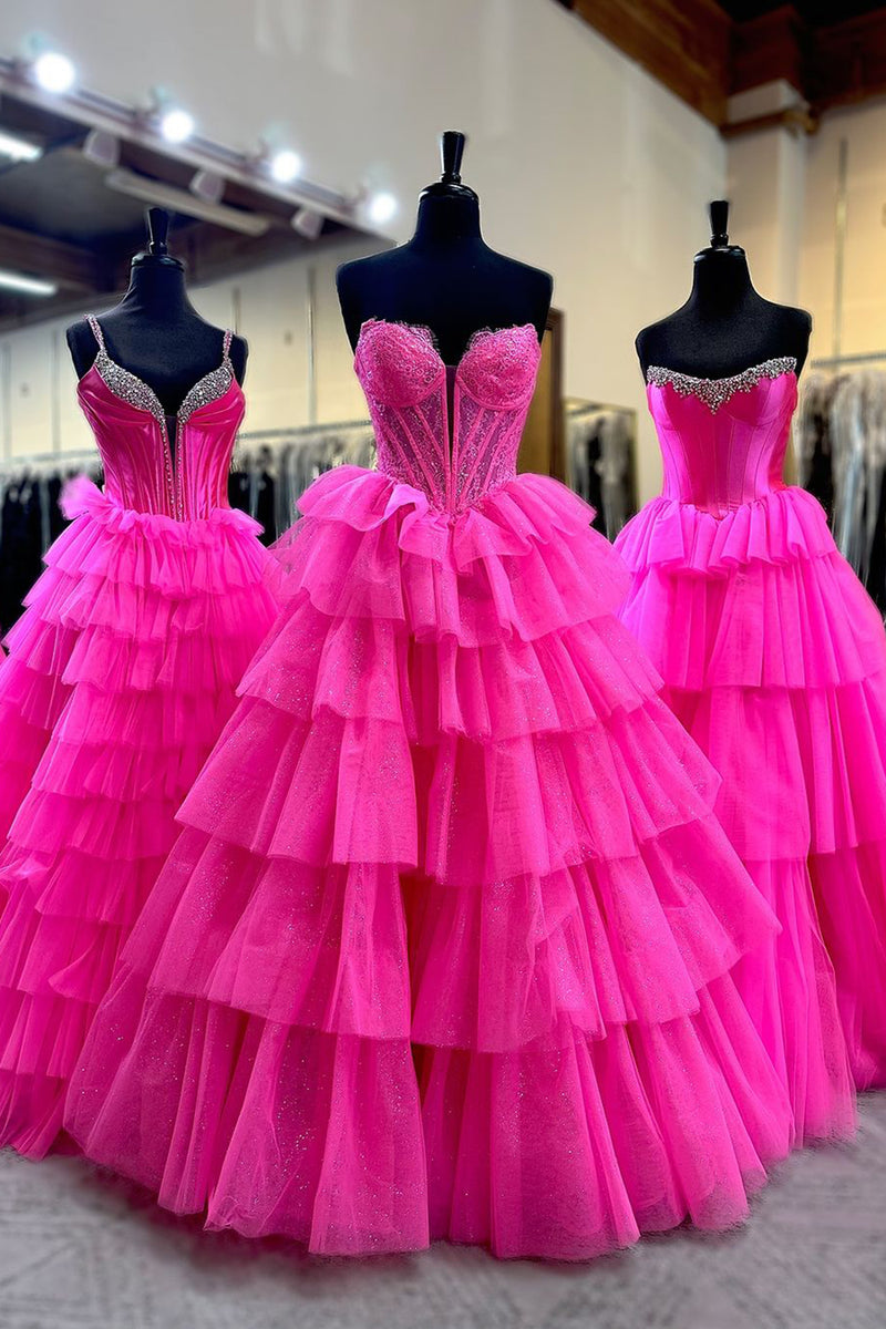 Load image into Gallery viewer, Sparkly Fuchsia Corset Tiered Strapless Long Prom Dress