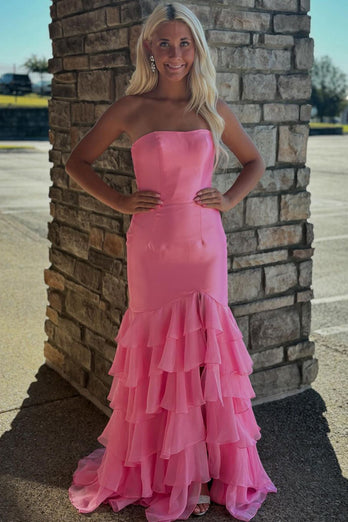 Pink Corset Strapless Mermaid Prom Dress with Slit