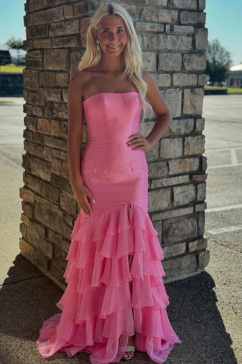 Pink Corset Strapless Mermaid Prom Dress with Slit