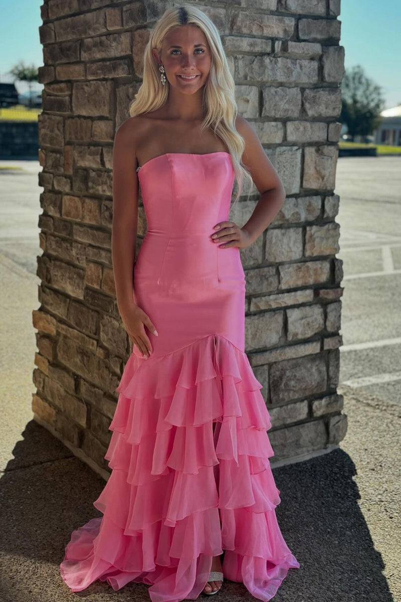 Load image into Gallery viewer, Pink Corset Strapless Mermaid Prom Dress with Slit