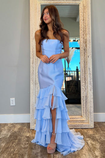 Pink Corset Strapless Mermaid Prom Dress with Slit