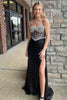 Load image into Gallery viewer, Sparkly Beaded Corset Spaghetti Straps Black Prom Dress with Slit