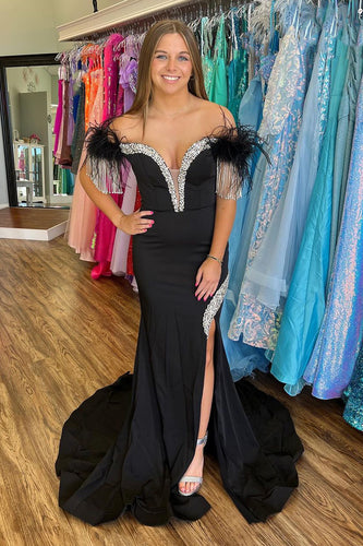 Mermaid Sparkly Beaded Off the Shoulder Black Prom Dress with Slit