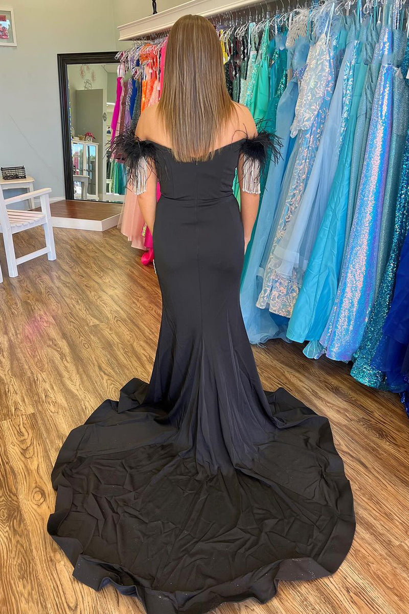 Load image into Gallery viewer, Mermaid Sparkly Beaded Off the Shoulder Black Prom Dress with Slit