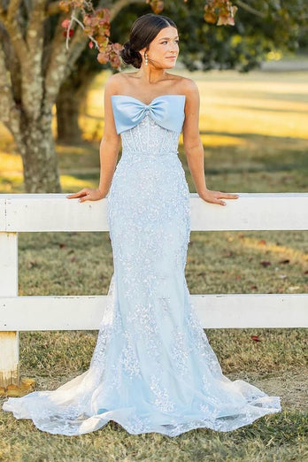 Sky Blue Appliques Mermaid Strapless Tulle Prom Dress