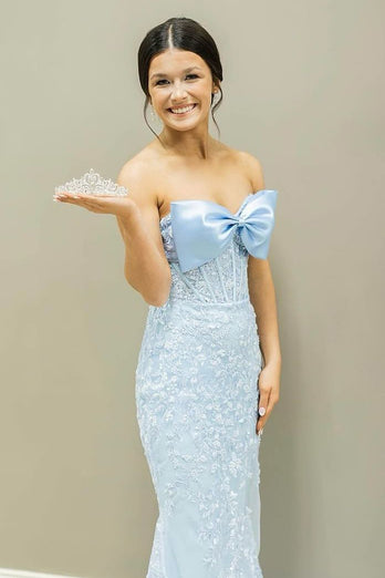 Sky Blue Appliques Mermaid Strapless Tulle Prom Dress