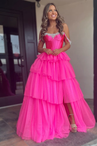 Sparkly Beaded Fuchsia Tiered Corset Prom Dress with Slit