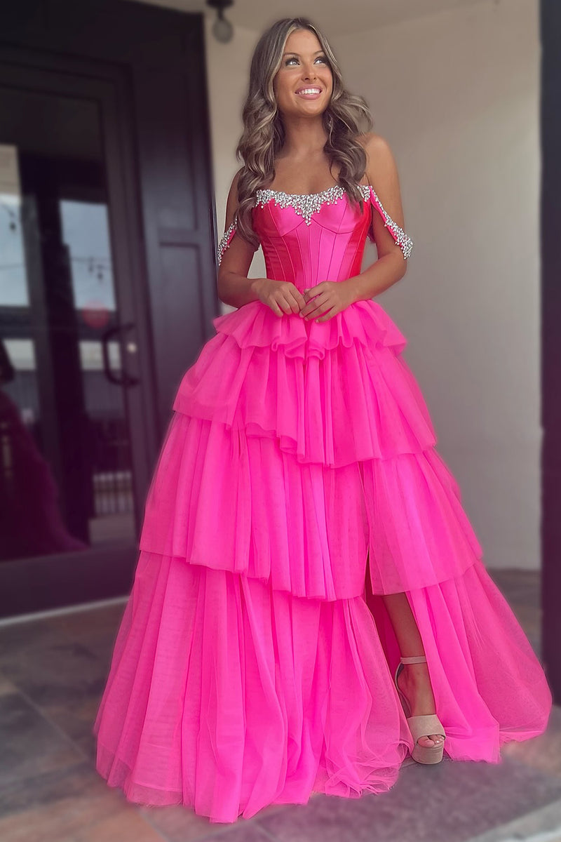 Load image into Gallery viewer, Sparkly Beaded Fuchsia Tiered Corset Prom Dress with Slit