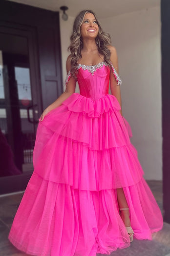 Sparkly Beaded Fuchsia Tiered Corset Prom Dress with Slit