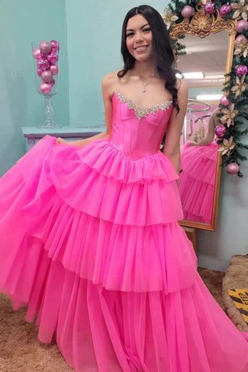 Sparkly Beaded Fuchsia Tiered Corset Prom Dress with Slit