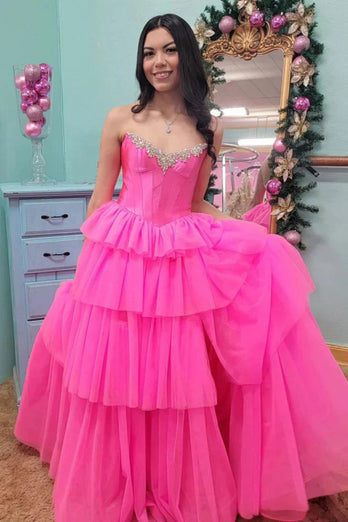 Sparkly Beaded Fuchsia Tiered Corset Prom Dress with Slit