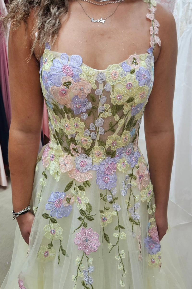 Load image into Gallery viewer, Yellow Floral Print A Line Corset Spaghetti Straps Prom Dress