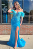 Load image into Gallery viewer, Sparkly Blue Appliques Mermaid Off The Shoulder Corset Prom Dress with Slit