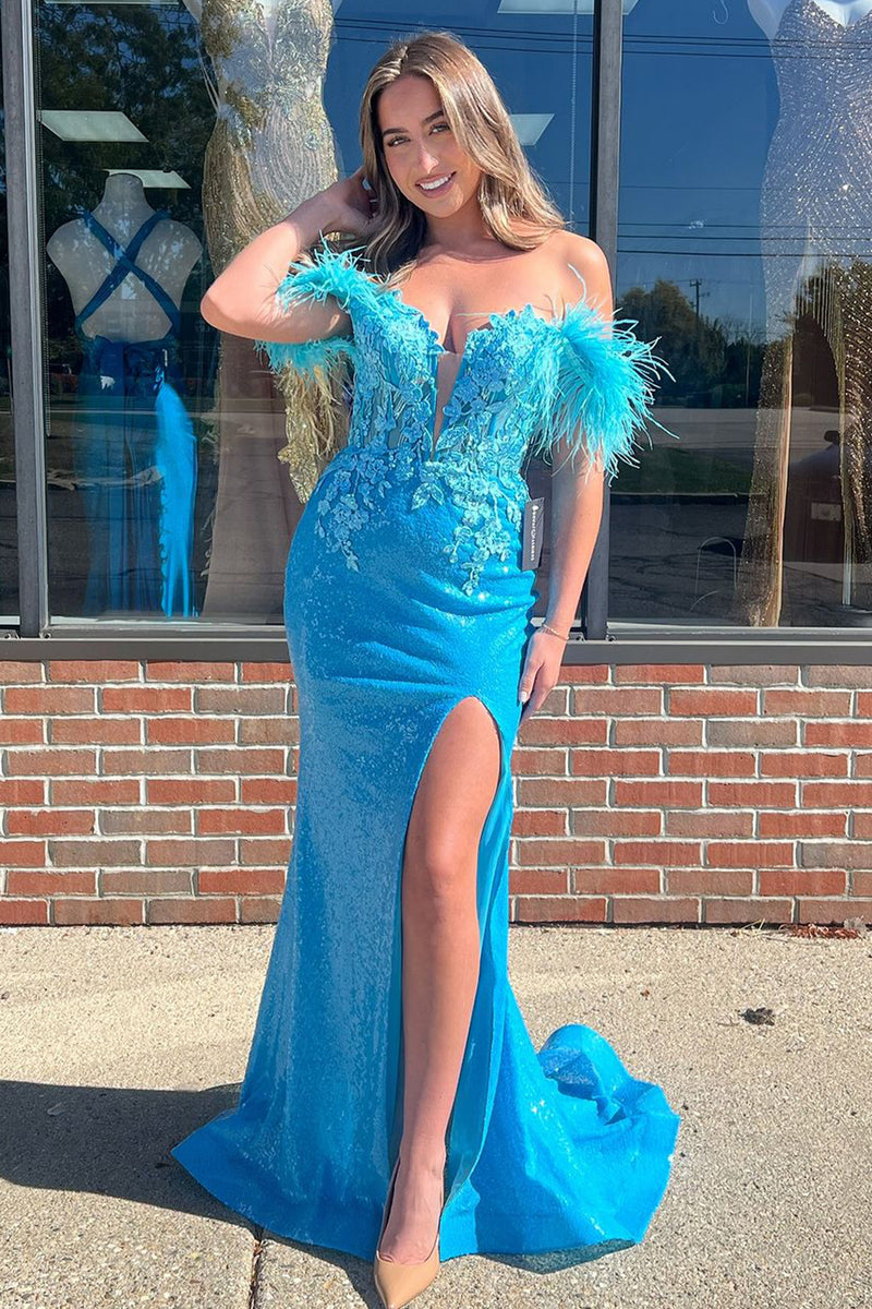 Load image into Gallery viewer, Sparkly Blue Appliques Mermaid Off The Shoulder Corset Prom Dress with Slit